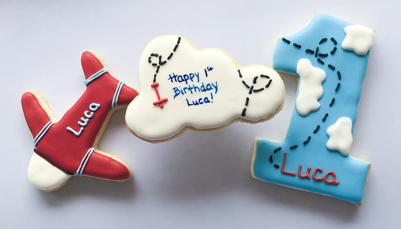 3 Cookie Set, Airplane Theme One Year Old Flooded Cookies