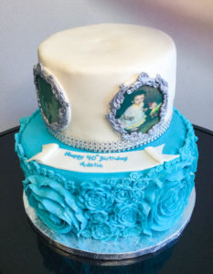 2-tier fondant roses and edible image medallions Birthday Cake