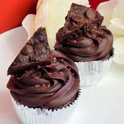 Extreme Chocolate Cupcake topped with extreme Chocolate Brownie