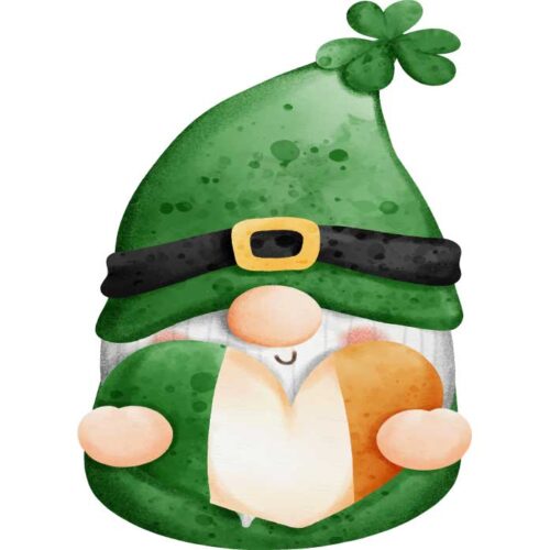 St. Patrick's Day gnome holding a n Irish Flag cookie