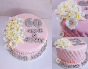 60th Wedding Anniversary Floral & Quilted Fondant Cake
