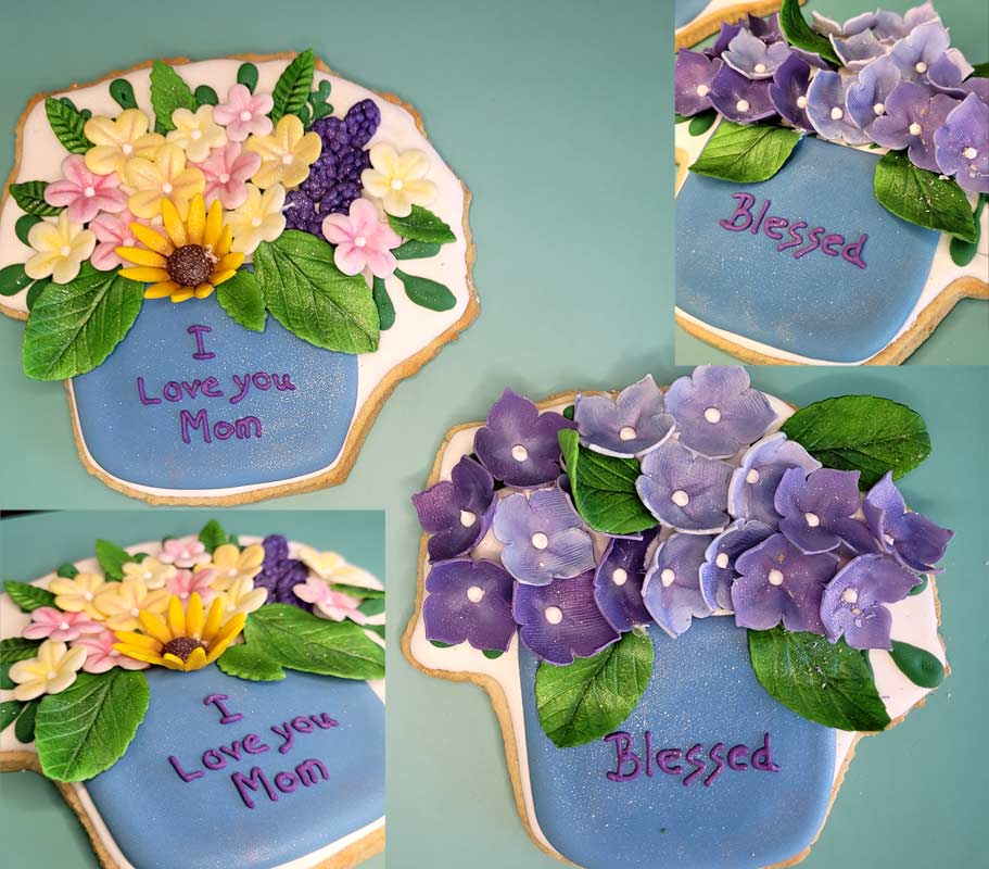 Mother's day bouquet flooded cookie with fondant flowers with violets or mixed boquet