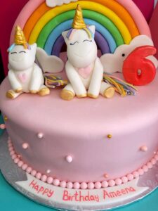 Sculpted fondant unicorn and rainbow birthday cake